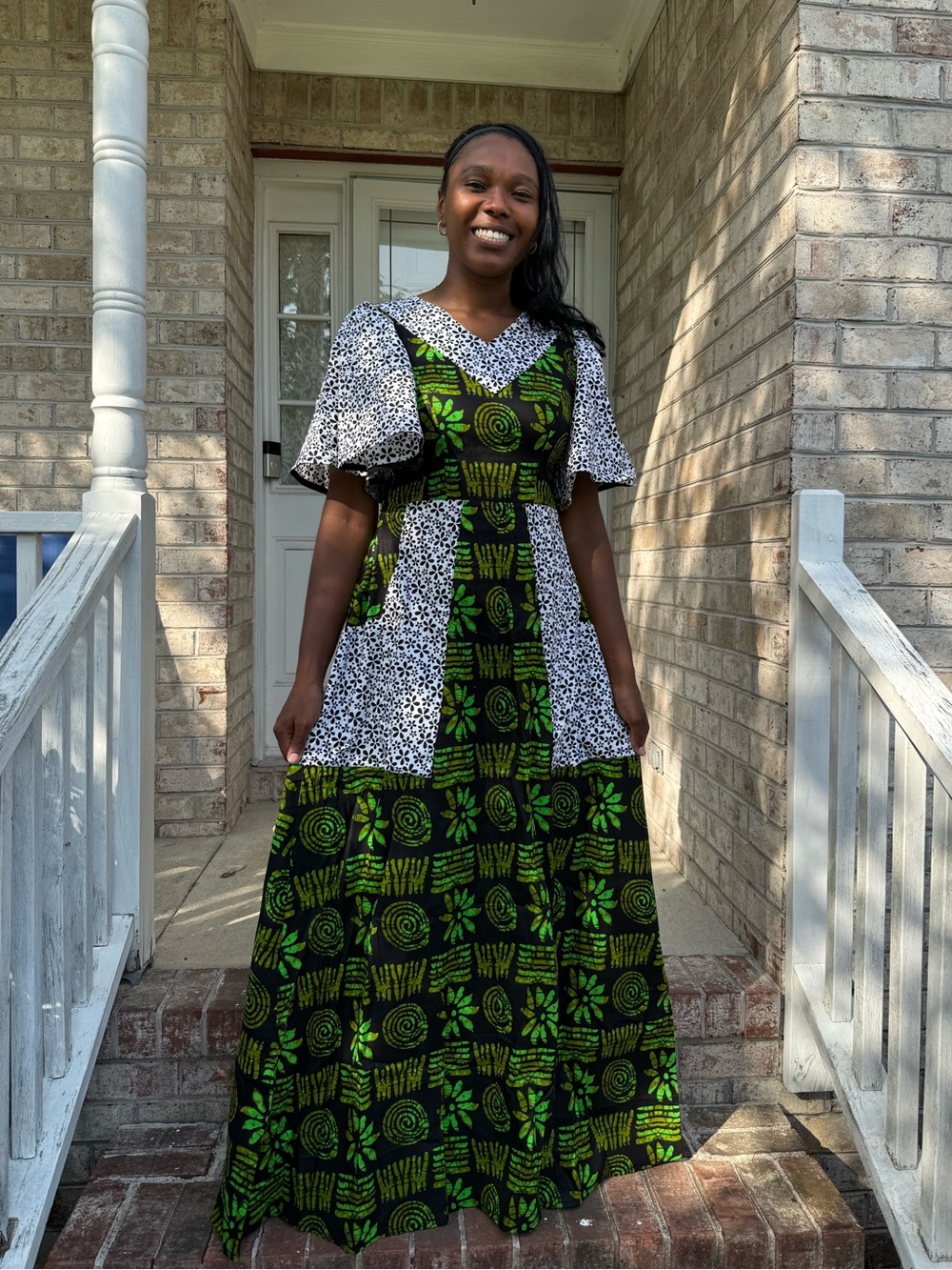 Green and Black African Printed Maxi Dress with White Contrast Panels